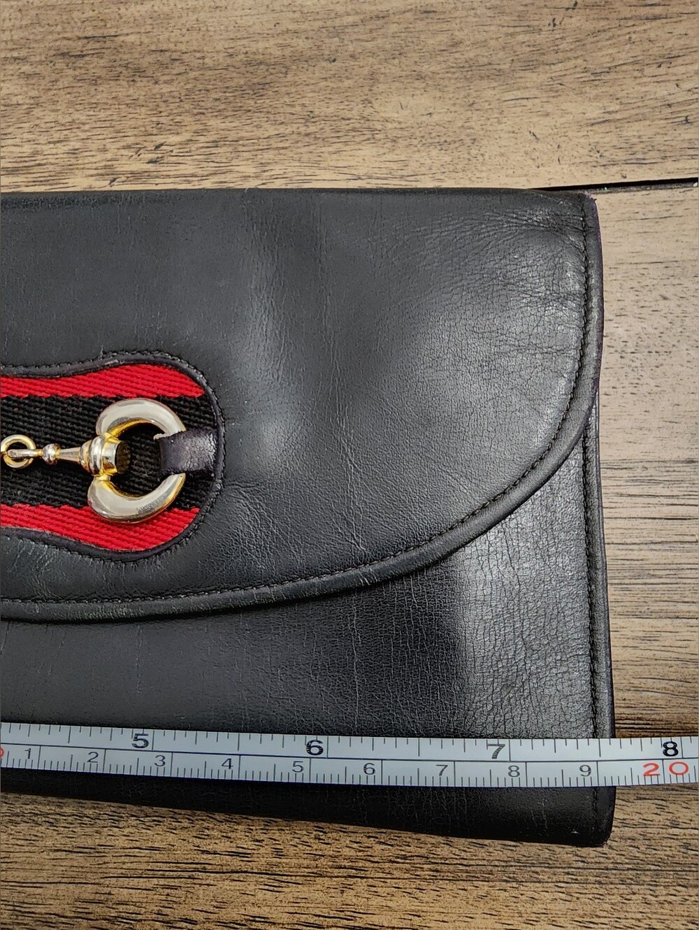 Gucci Vintage Black Leather Clutch with Gold Horsebit and Red Accent - Picture 11 of 13